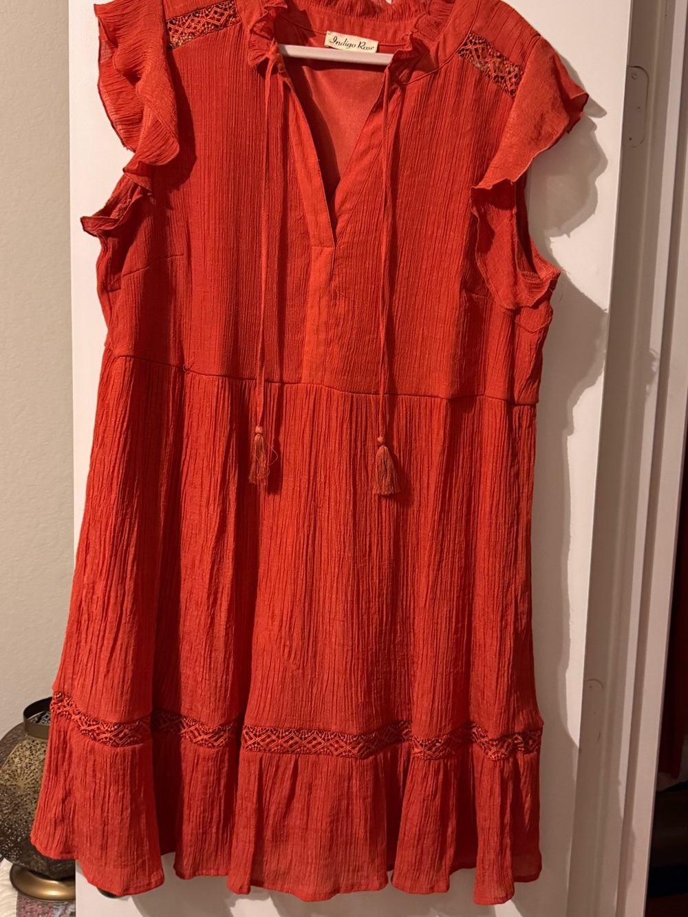 Indigo Orange Tassel Ruffle Mini Dress